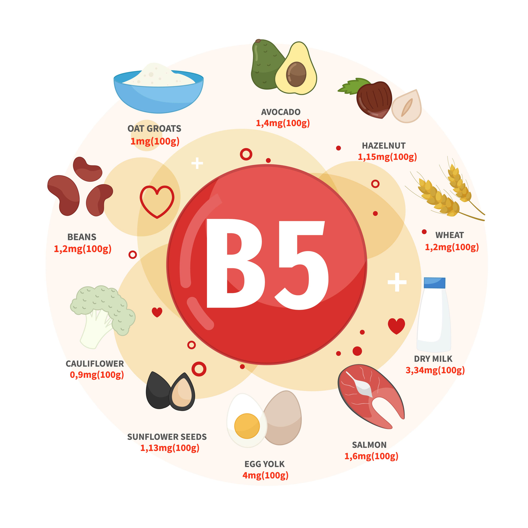 A B5-vitamin legjobb forrásai közé tartozik az avokádó, a mogyoró, a búza, a tej, a lazac, a tojás, a napraforgómag, a karfiol, a bab, a zabpehely. 